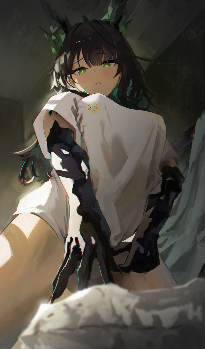 1girl, absurdres, arknights, black_hair, bottomless, green_eyes, green_hair, highres