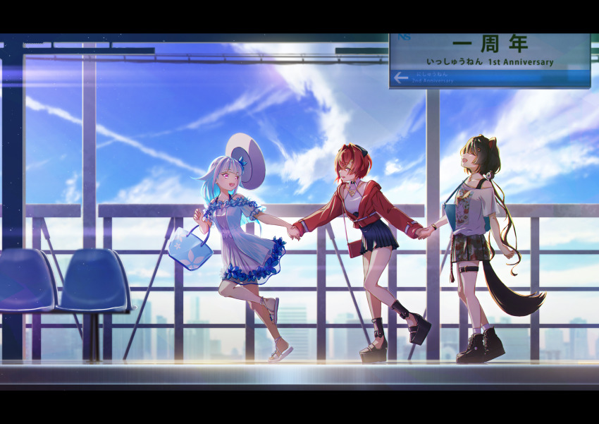 3girls, absurdres, ange_katrina, ange_katrina_(summer_casual), animal_ears, animal_hair_ornament, ankle_boots, ankle_strap, anniversary, bag, belt, black_boots, black_bow, black_hair, black_sandals, black_shorts, blue_bag, blue_dress, blue_hair, blue_sky, blunt_ends, boots, bow, bracelet, chair, city, closed_eyes, cloud, collared_halterneck, collared_shirt, commentary_request, day, dog_ears, dog_girl, dog_tail, dragging, dress, frilled_dress, frills, gold_necklace, green_skirt, hair_bow, hair_intakes, hair_ornament, halter_shirt, halterneck, handbag, hat, hat_loss, high-waist_shorts, highres, holding, holding_bag, holding_hands, inui_toko, inui_toko_(summer_casual), jacket, jewelry, layered_dress, leg_up, letterboxed, light_particles, lize_helesta, lize_helesta_(2nd_costume), long_hair, long_sleeves, looking_at_another, looking_back, mafupen, miniskirt, mixed-language_text, multicolored_hair, multiple_girls, necklace, nijisanji, off-shoulder_dress, off-shoulder_shirt, off_shoulder, open_mouth, partially_open_jacket, platform_boots, platform_sandals, pleated_shorts, pleated_skirt, print_shirt, print_skirt, purple_eyes, red_bag, red_hair, red_jacket, rope_belt, running, sanbaka_(nijisanji), sandals, shirt, shirt_tucked_in, short_dress, short_hair, short_sleeves, shorts, sidelocks, sign, skirt, sky, smile, socks, streaked_hair, tail, tail_under_clothes, thigh_strap, train_station_platform, translation_request, turning_head, two-tone_hair, very_long_hair, virtual_youtuber, walking, white_belt, white_dress, white_hair, white_hat, white_sandals, white_shirt, white_socks, wide_shot