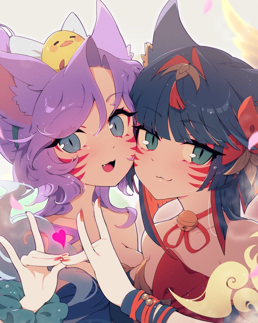 2girls, :3, after_hours_spirit_blossom_springs_ahri, ahri_(league_of_legends), animal_ears, aqua_eyes, aqua_scrunchie, bell