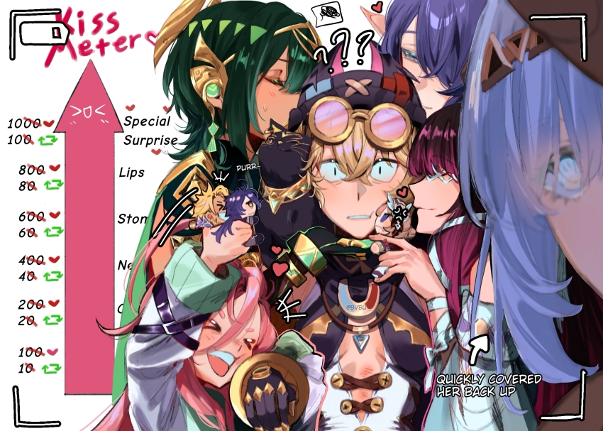 >_<, +++, 2boys, 6+girls, ?, ??, affectionate_harem, aino_(genshin_impact), anger_vein, animal, animal_on_shoulder, ashru_(genshin_impact), black_cat, black_gloves, black_hair, blonde_hair, blue_eyes, blue_hair, breasts, bvbu, cat, cat_on_shoulder, cleavage, closed_eyes, columbina_(genshin_impact), commentary, constricted_pupils, dress, english_commentary, english_text, facing_another, flins_(genshin_impact), genshin_impact, gloves, goggles, goggles_on_head, green_hair, hand_on_another's_chin, harem, heart, highres, holding, holding_mini_person, ineffa_(genshin_impact), jahoda_(genshin_impact), kiss_meter_(meme), kissing_head, lauma_(genshin_impact), long_hair, looking_at_viewer, meme, mini_person, miniboy, minigirl, multiple_boys, multiple_girls, nefer_(genshin_impact), open_mouth, parted_lips, pink_hair, purple_eyes, purple_hair, sandrone_(genshin_impact), small_breasts, smile, spoken_squiggle, squiggle, varka_(genshin_impact), viewfinder, white_dress, wide-eyed, yuri