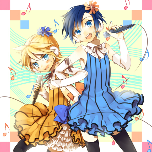 2boys, bad_id, bad_pixiv_id, black_legwear, blonde_hair, blue_eyes, blue_hair, blush, colorful_x_melody_(vocaloid), crossdressing, crossdressing_(mtf), detached_sleeves, dress, elbow_gloves, fang, flower, gloves, hair_flower, hair_ornament, headphones, jikunyaga, kagamine_len, kaito_(vocaloid), male_focus, microphone, multiple_boys, music, musical_note, nail_polish, open_mouth, ponytail, project_diva, project_diva_(series), project_diva_2nd, short_hair, singing, smile, sweat, sweatdrop, thighhighs, trap, vocaloid, zettai_ryouiki