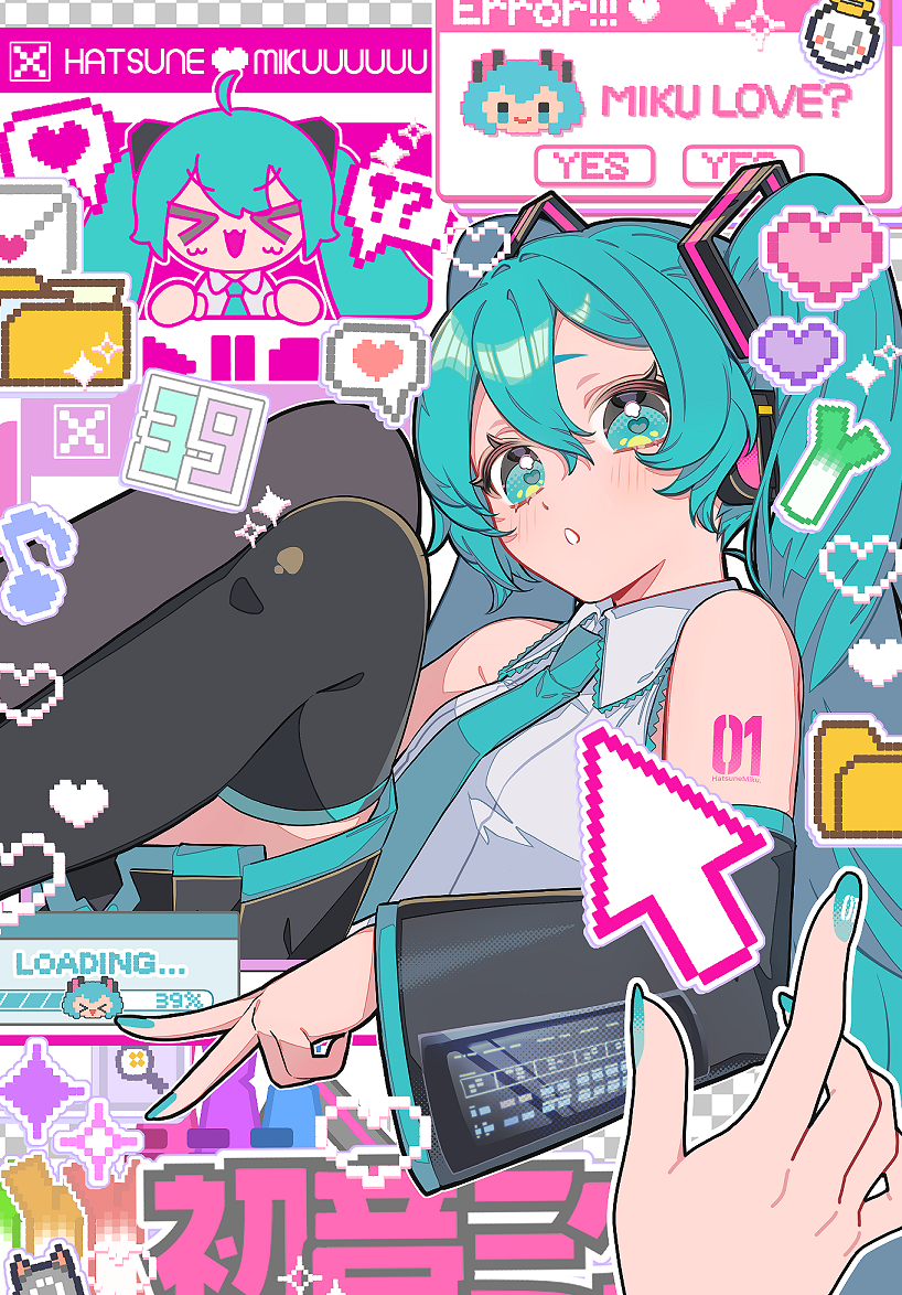 >_<, 1girl, 39, aqua_eyes, aqua_hair, aqua_nails, aqua_necktie, arm_tattoo