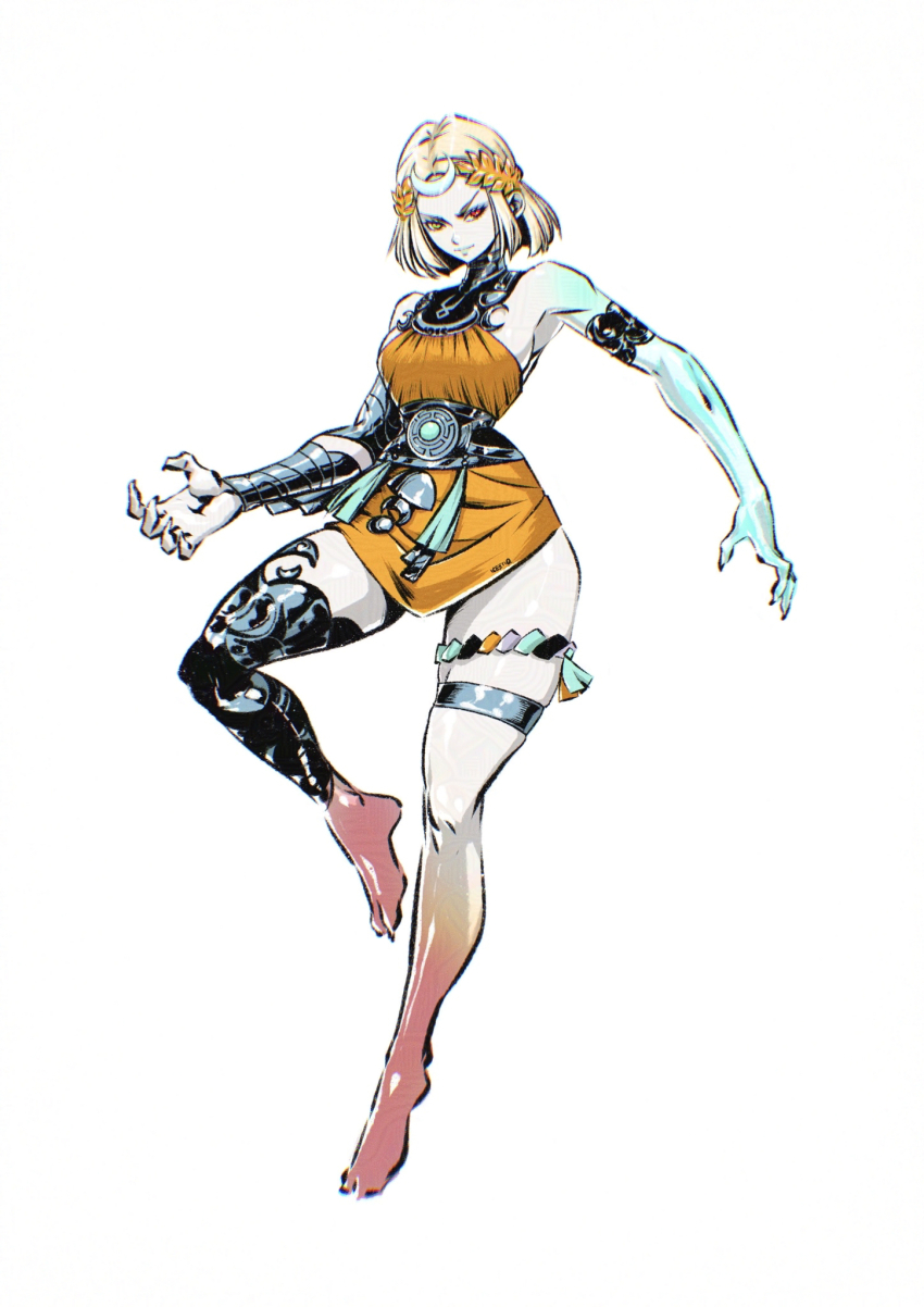 1girl, bare_shoulders, blonde_hair, commentary, dress, full_body, green_eyes, hades_(series), hades_2, hendry_roesly, heterochromia, highres, looking_at_viewer, melinoe_(hades), orange_dress, red_eyes, short_hair, smile, solo, standing, standing_on_one_leg, v-shaped_eyebrows