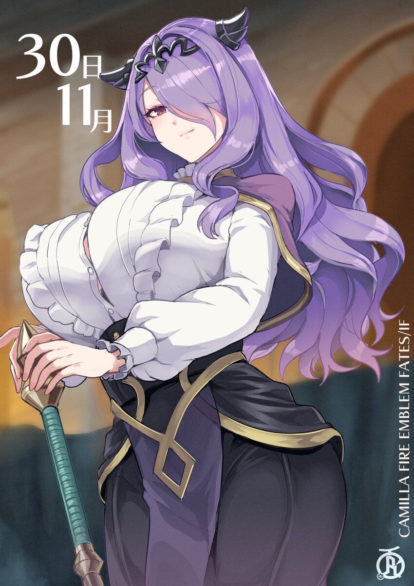 1girl, alternate_breast_size_(larger), alternate_costume, black_bra, bra, bra_peek, breasts, buttons, camilla_(fire_emblem), camilla_(young_beauty)_(fire_emblem), casual, fire_emblem, fire_emblem_fates, fire_emblem_heroes, frilled_shirt, frills, hair_over_one_eye, highres, holding, holding_weapon, huge_breasts, long_hair, looking_at_viewer, looking_down, nintendo, official_alternate_costume, outdoors, purple_eyes, purple_hair, revolverwing, shirt, smile, solo, thick_thighs, thighs, underwear, very_long_hair, wavy_hair, weapon, wide_hips