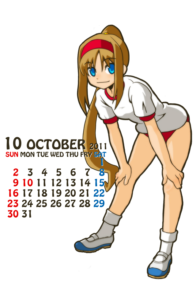 1girl, alisa_landeel, alternate_costume, blue_eyes, brown_hair, calendar, female_focus, full_body, gym_shorts, hairband, high_ponytail, leaning_forward, long_hair, phantasy_star, phantasy_star_i, ponytail, sega, shirt, shoes, shorts, smile, sneakers, socks, solo, uwabaki, yososhi
