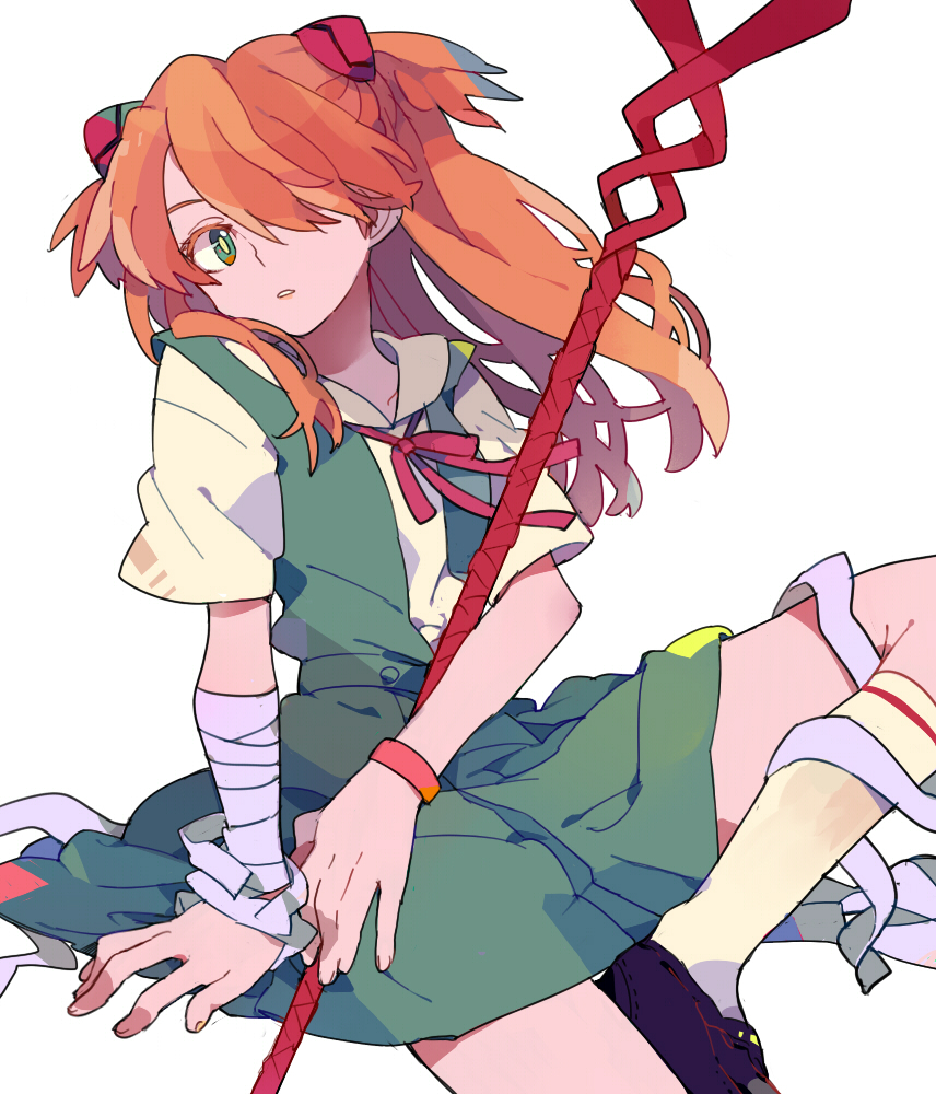 1girl, bad_id, bad_pixiv_id, bandages, blue_eyes, dress, female_focus, hair_over_one_eye, lance_of_longinus_(evangelion), long_hair, neon_genesis_evangelion, orange_hair, pikaro, school_uniform, simple_background, solo, souryuu_asuka_langley, weapon, white_background