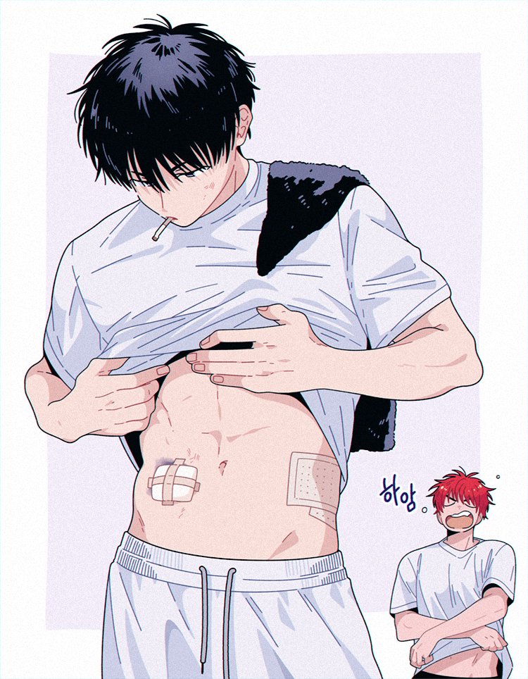 2boys, black_hair, bruise, bruise_on_stomach, cigarette, clothes_lift, commentary_request, gauze_on_stomach