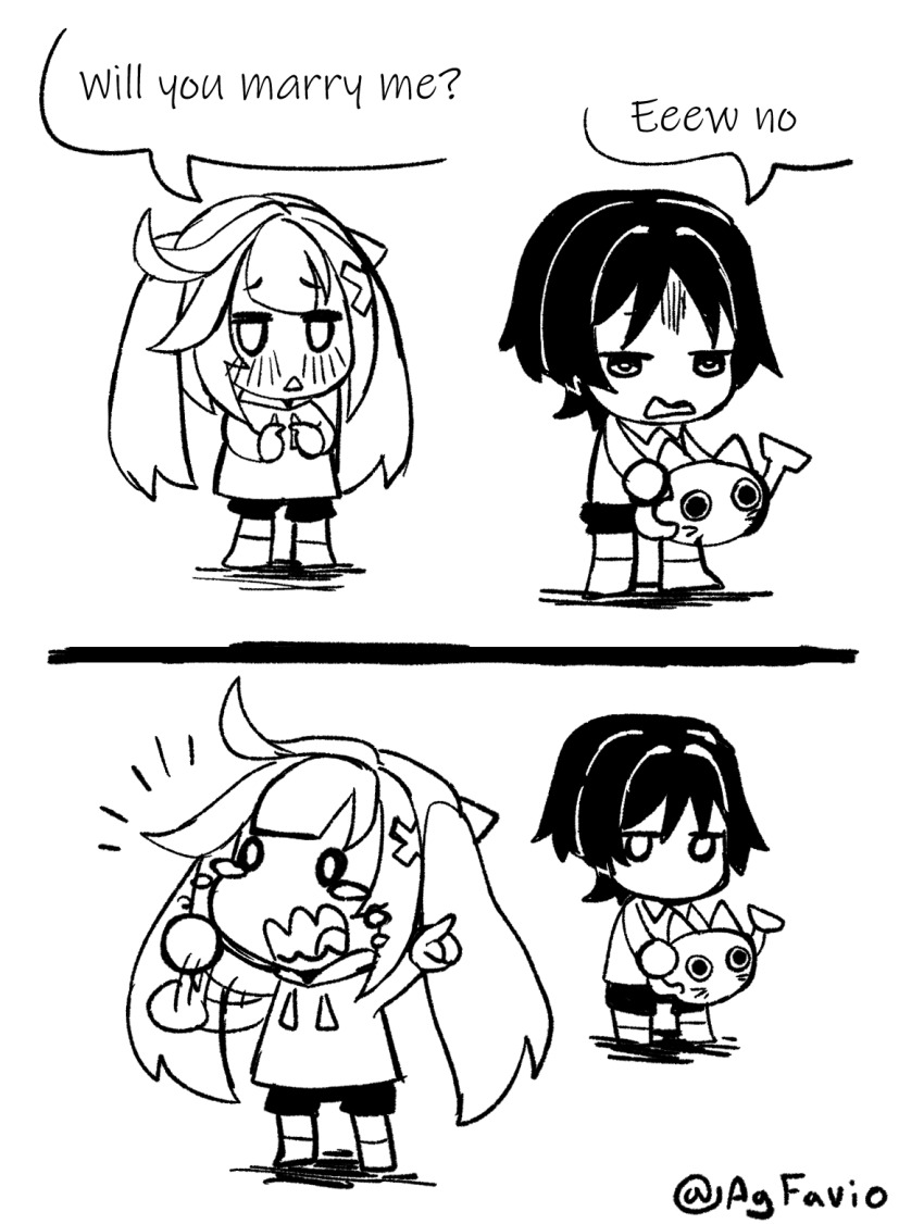 1boy, 1girl, aged_down, agfavio, arms_up, blunt_ends, blush, casual