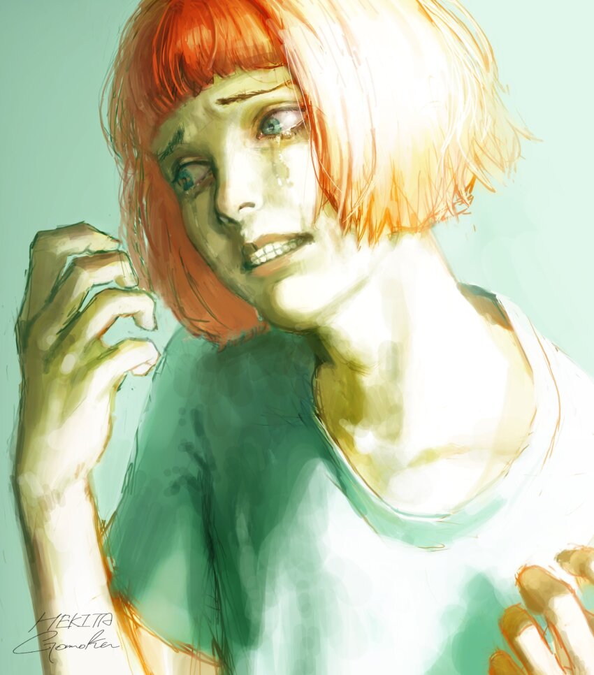 1girl, arm_up, blue_eyes, bob_cut, cashier_girl_(no_i'm_not_a_human), commentary, crying, crying_with_eyes_open, english_commentary, gomoku_0318, highres, looking_at_hand, no_i'm_not_a_human, orange_hair, scared, shirt, short_hair, short_sleeves, signature, solo, tears, teeth, upper_body, white_shirt