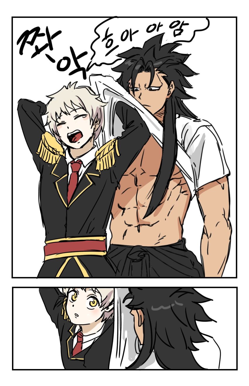 accidental_exposure, black_hair, black_shirt, blonde_hair, clothes_lift, commentary_request, epaulettes, highres