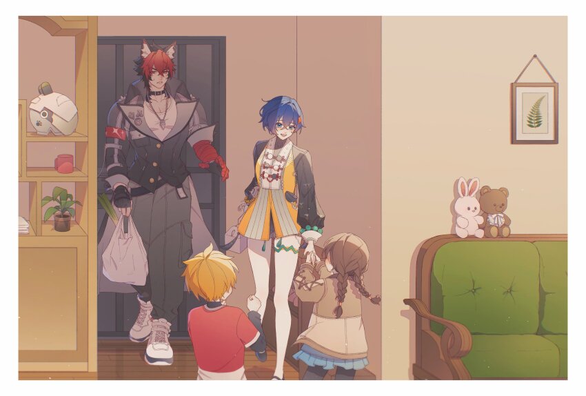 2boys, 2girls, absurdres, animal_ear_fluff, animal_ear_piercing, animal_ears, bag, bandaged_arm