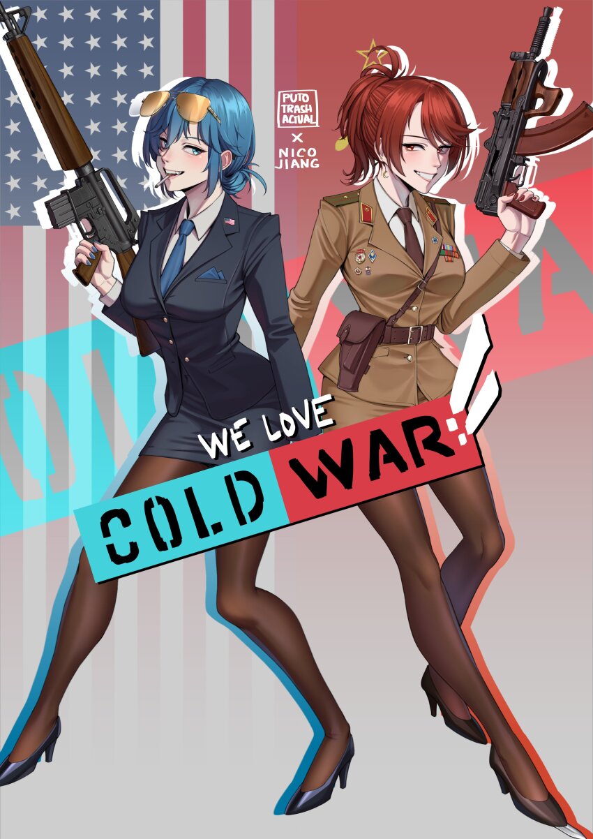 2girls, absurdres, aks-74u, artist_name, assault_rifle, aviator_sunglasses, blue_eyes, blue_hair, breasts, central_intelligence_agency, cigarette, cold_war, commentary, english_commentary, gun, hair_bun, high_heels, highres, kalashnikov_rifle, kgb, large_breasts, looking_at_viewer, m16, military_uniform, multiple_girls, naomi_bluebird, pantyhose, ponytail, puto_trash, red_eyes, red_hair, rifle, smile, smoking, soviet, soviet_flag, sunglasses, united_states, valerie_konstanz, we_love_cold_war, weapon