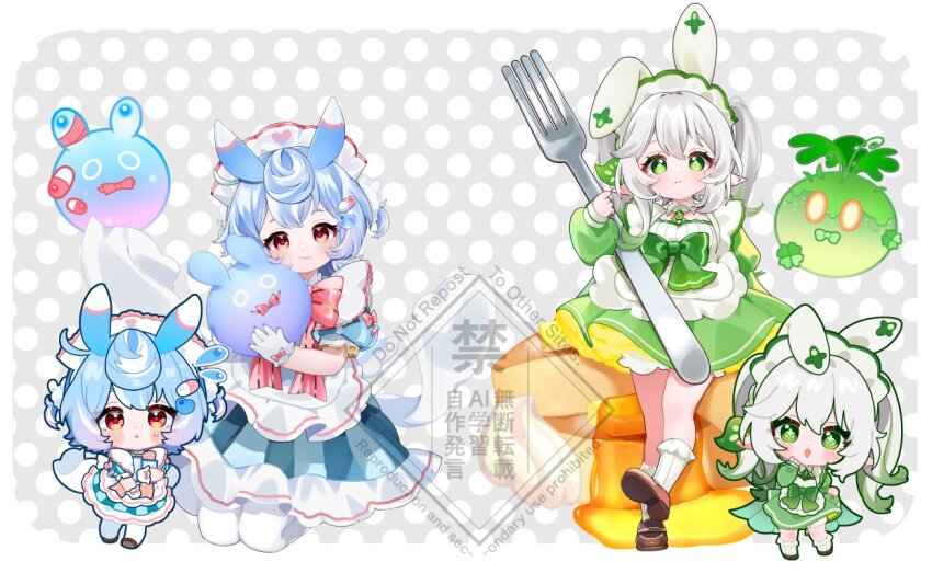 2girls, :t, alternate_costume, animal_ears, apron, blue_dress, blue_hair, blush