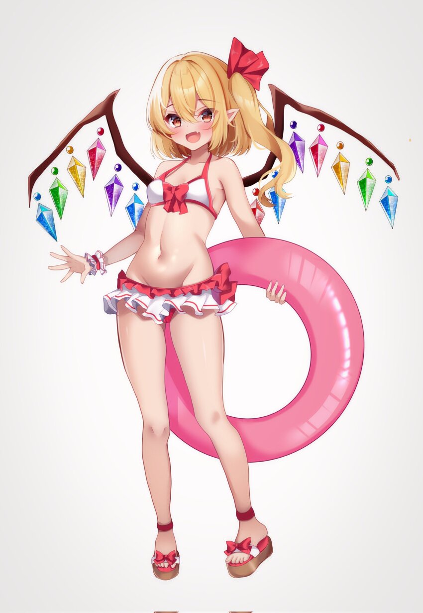 1girl, :d, acrylic_stand_(medium), alternate_costume, bikini, blonde_hair, blush, bow, bow_bikini, breasts, commentary_request, corrupted_twitter_file, crystal_wings, eyes_visible_through_hair, fang, feet, flandre_scarlet, footwear_bow, frilled_bikini, frilled_wrist_cuffs, frills, full_body, groin, hair_between_eyes, hair_bow, halterneck, happy, highres, holding, holding_swim_ring, innertube, legs, long_hair, looking_at_viewer, navel, missing_headwear, open_mouth, outstretched_hand, pointy_ears, red_bow, red_eyes, red_wrist_cuffs, sandals, shironeruka, side_ponytail, skin_fang, small_breasts, smile, solo, standing, stomach, swim_ring, swimsuit, thighs, toes, touhou, white_bikini, wings, wrist_cuffs