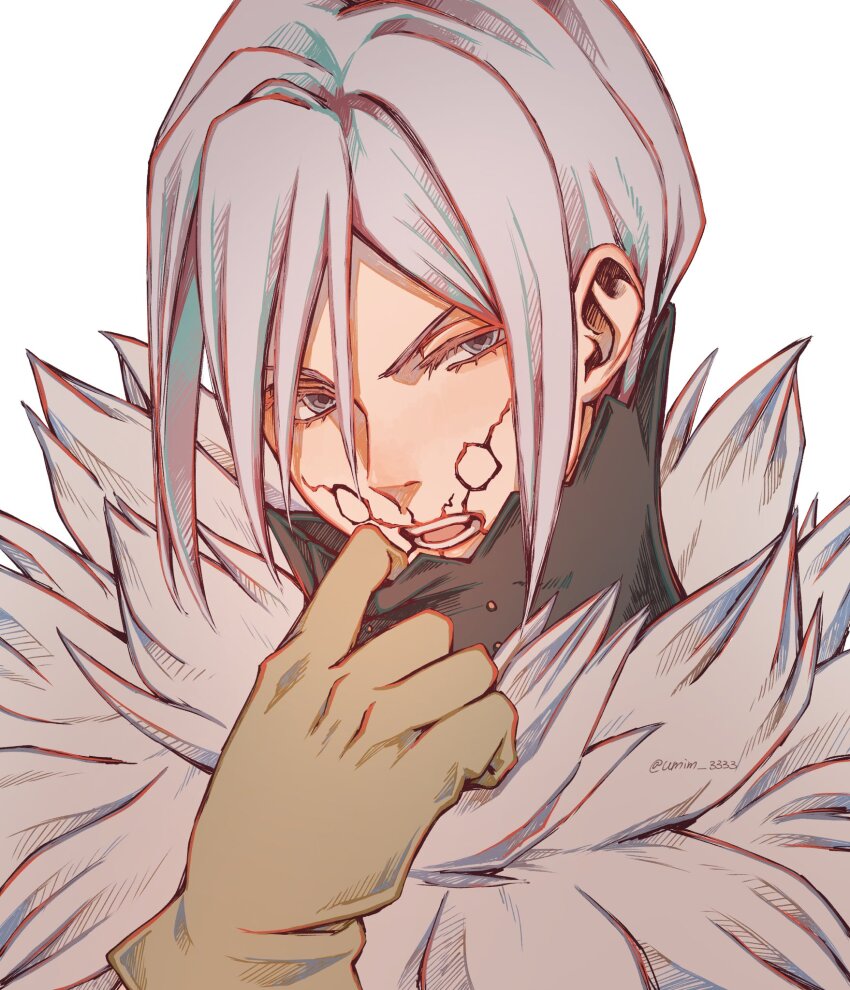 1boy, brown_gloves, cloak, commentary_request, dr._stone, facial_mark, gloves, grey_hair