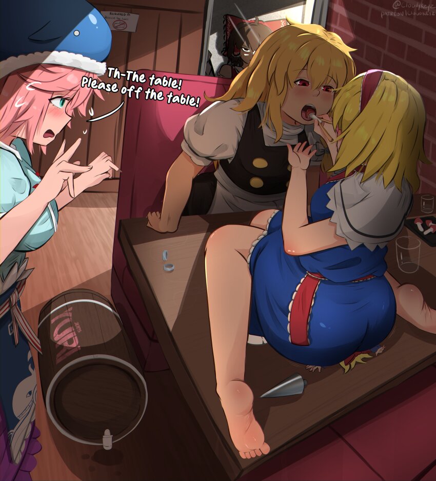 5girls, absurdres, alice_margatroid, animal_hat, animal_print, apron, asphyxiation, barefoot