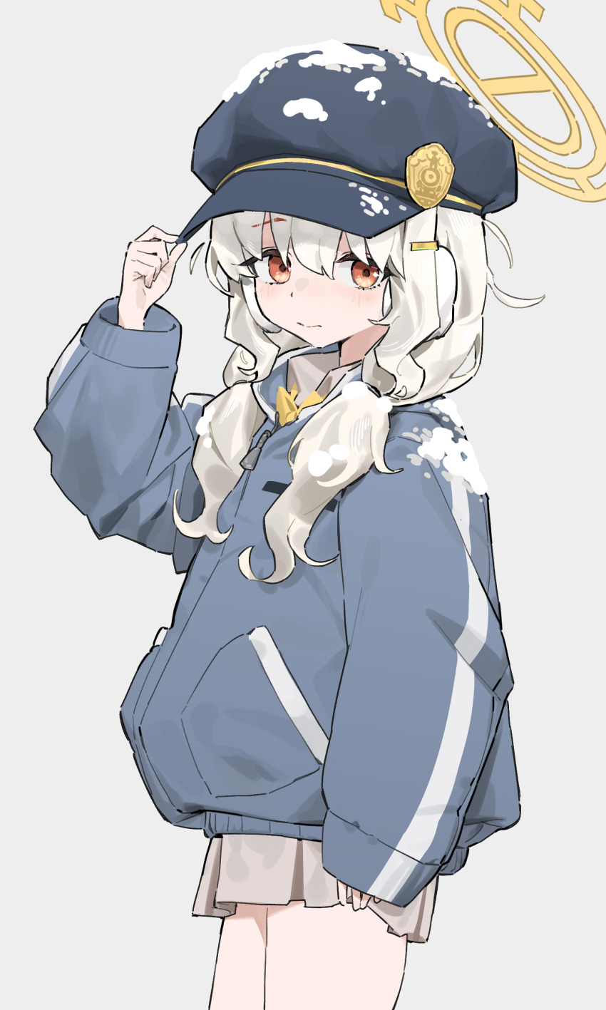 1girl, absurdres, aoba_(blue_archive), blonde_hair, blue_archive, blue_hat, blue_jacket, blush