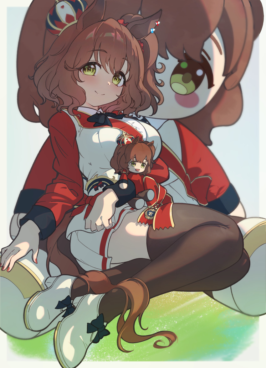 1girl, absurdres, animal_ears, aston_machan_(flare)_(umamusume), aston_machan_(umamusume), black_bow, black_bowtie, black_thighhighs