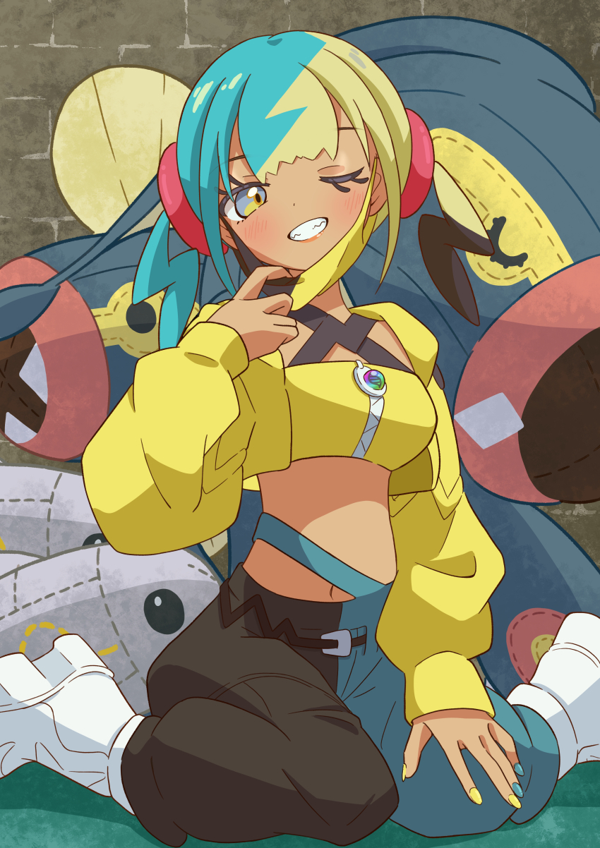1girl, absurdres, aqua_hair, bandeau, belt, black_belt, black_mask, blonde_hair