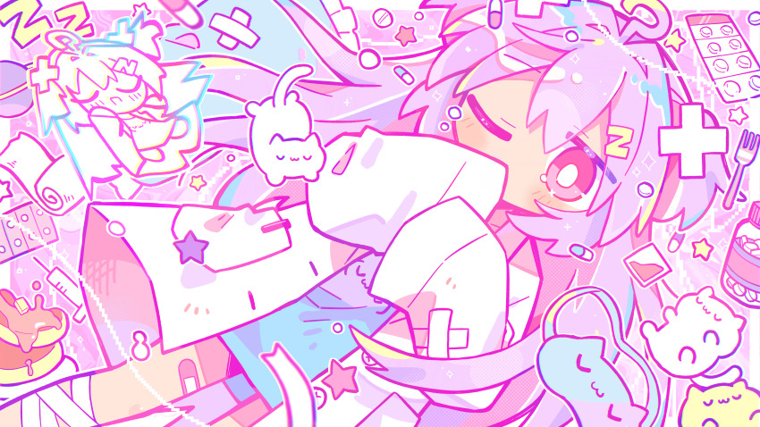 1girl, absurdres, bandaged_leg, bandages, bandaid, bandaid_on_leg, blue_shirt, bright_pupils