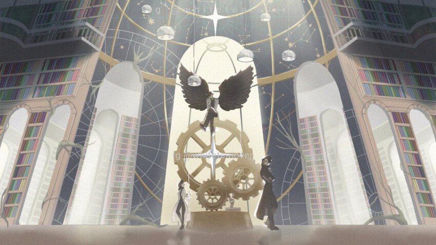 1girl, 2boys, arch, auriga_(constellation), black_coat, black_hair, black_shirt, black_wings, book, bookshelf, cancer_(constellation), canis_minor_(constellation), coat, commentary, constellation_print, crossed_arms, crossed_legs, cygnus_(constellation), draco_(constellation), english_commentary, feathered_wings, full_body, gears, gemini_(constellation), han_sooyoung, hanging_light, highres, indoors, kim_dokja, leo_(constellation), library, light_particles, looking_at_viewer, lyra_(constellation), multiple_boys, mustika_d_a, official_alternate_costume, omniscient_reader's_viewpoint, open_clothes, open_coat, plant, polaris_(star), popped_collar, procyon_(star), railing, scenery, shirt, short_hair, sitting, standing, standing_on_one_leg, star_chart, star_map, statue, too_many, too_many_books, ursa_major_(constellation), ursa_minor_(constellation), vega_(star), vines, white_coat, wide_shot, wings, yoo_joonghyuk