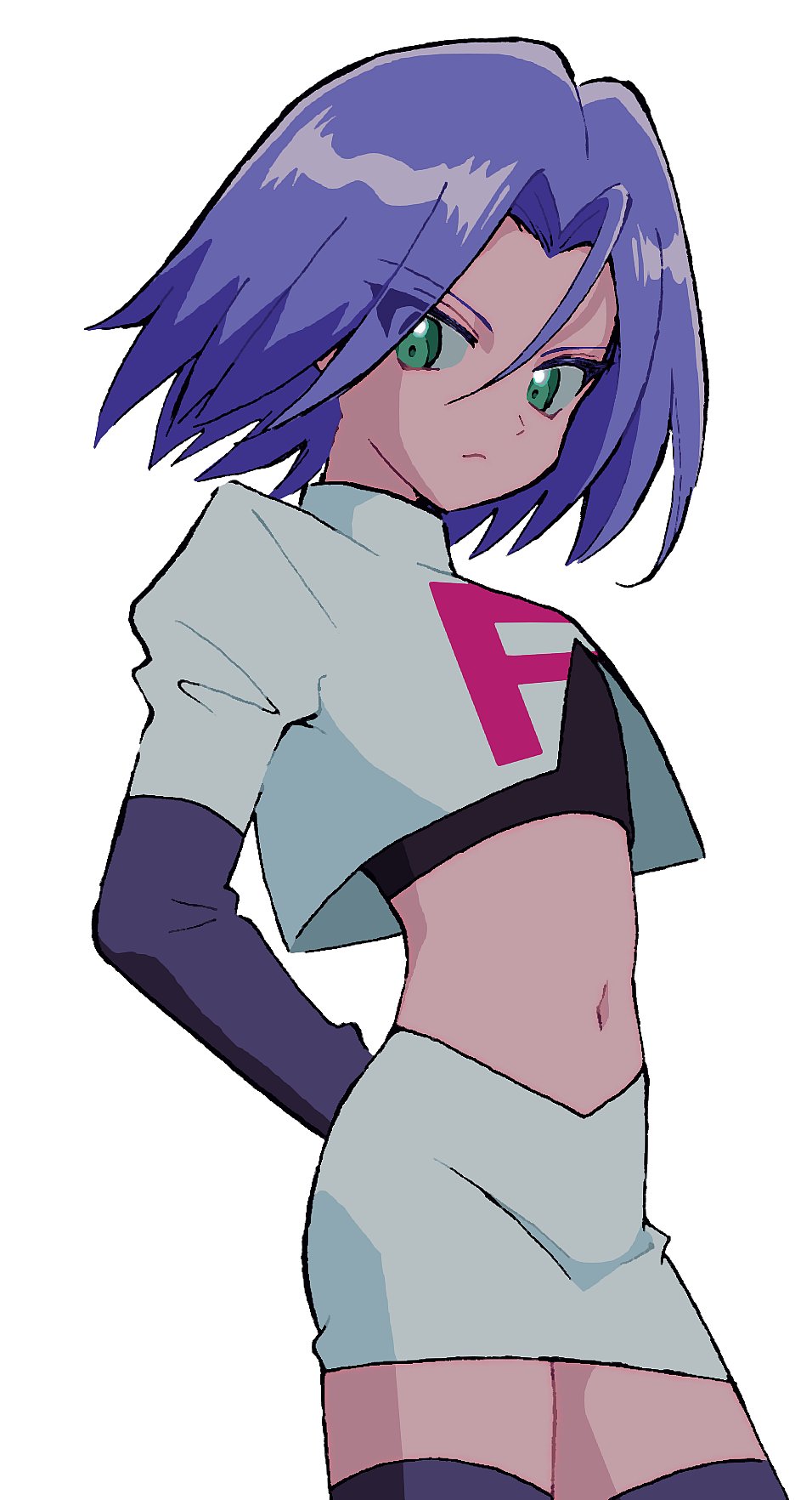 1boy, black_gloves, blue_hair, commentary_request, crop_top, crossdressing, gloves, green_eyes