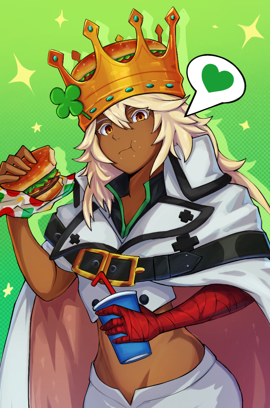 1girl, :t, alex_dos_diaz, bandaged_arm, bandages, blonde_hair, burger, burger_hat