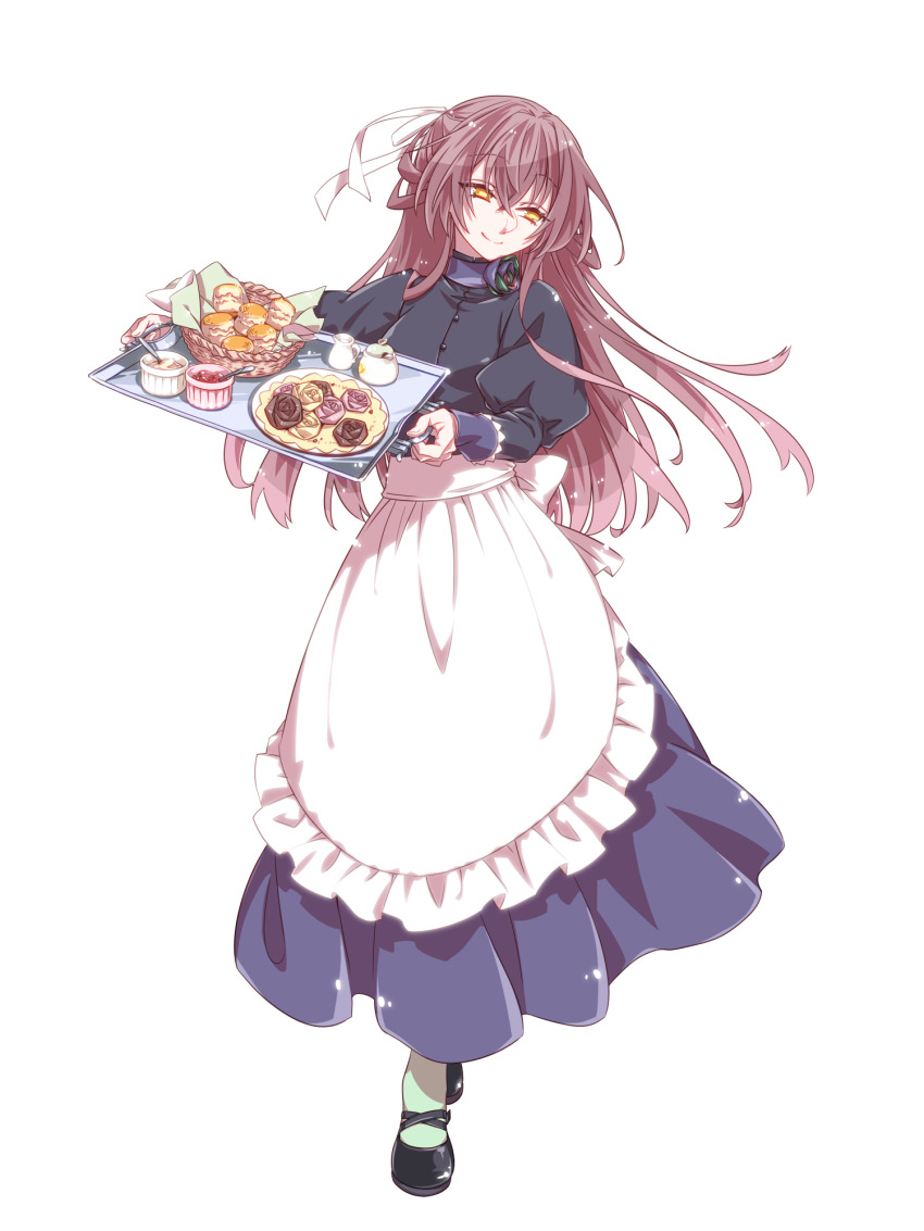 1girl, anna_sehnsucht, apron, basket, biscuit_(bread), black_dress, brown_hair, choker, dairoku_ryouhei, dress, flower_choker, full_body, hair_ribbon, highres, holding, holding_tray, long_hair, long_sleeves, maid_apron, mary_janes, momenko_(tw), puffy_long_sleeves, puffy_sleeves, ribbon, shoes, smile, solo, standing, transparent_background, tray, white_ribbon, yellow_eyes