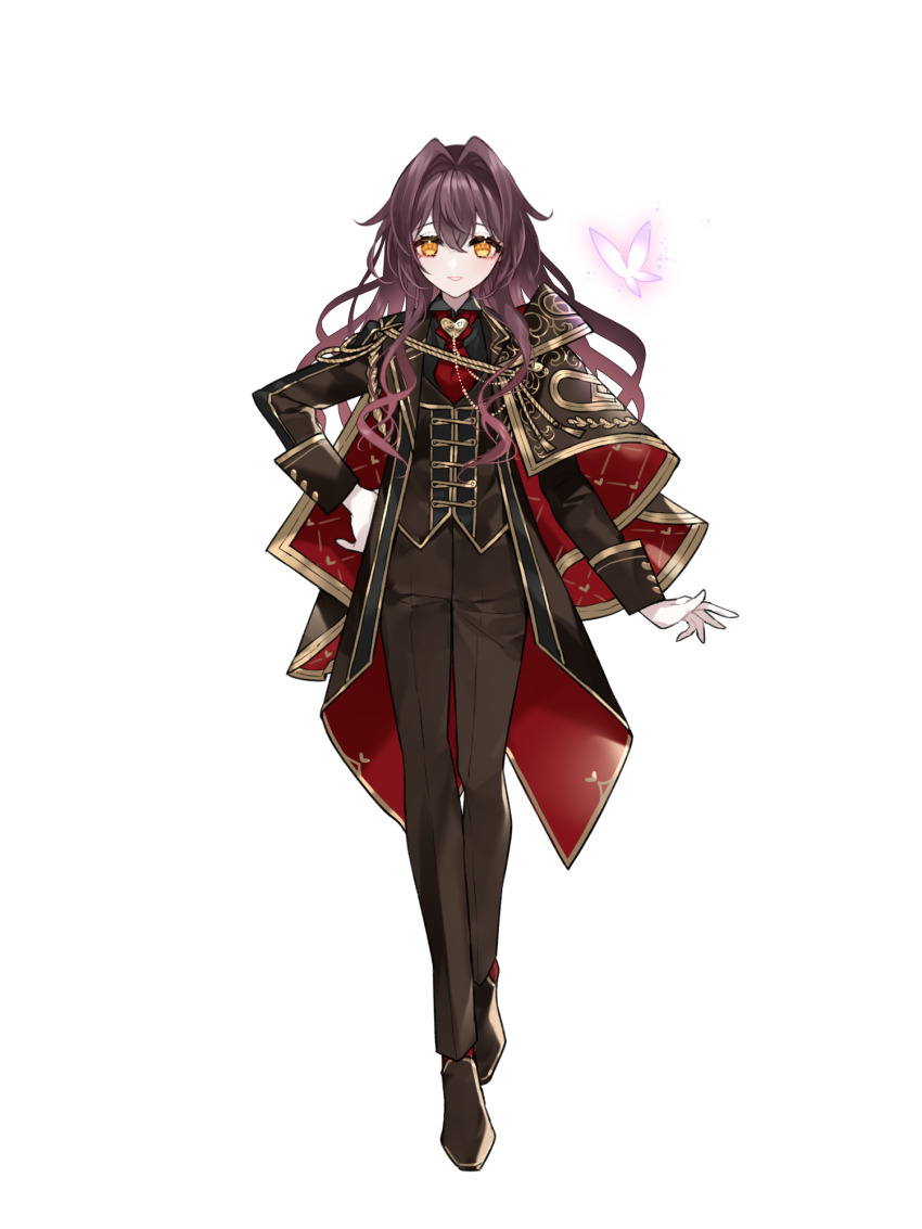 1girl, anna_sehnsucht, black_pants, black_vest, brown_hair, bug, butterfly, dairoku_ryouhei