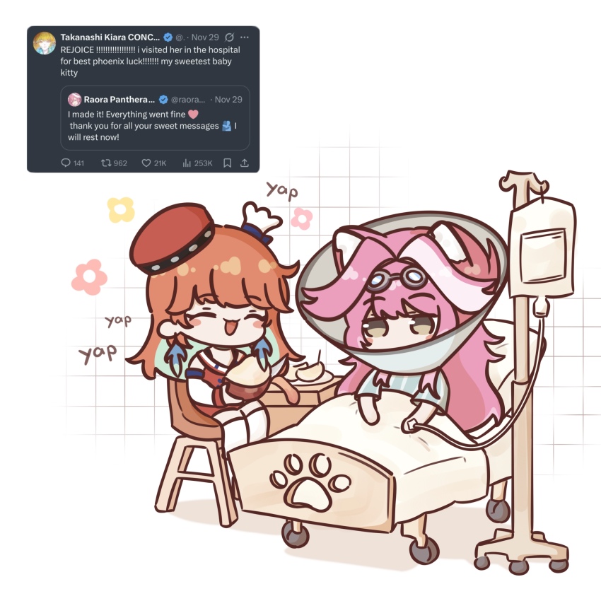 2girls, absurdres, animal_ears, bed, chef_hat, commentary, earrings, english_commentary