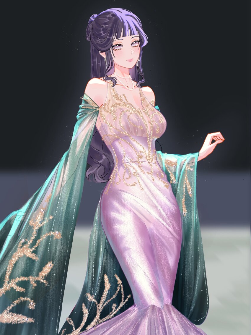 1girl, absurdres, bare_shoulders, black_hair, blush, breasts, cleavage, collarbone