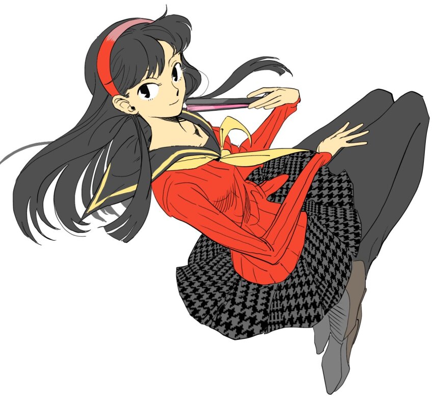 1girl, amagi_yukiko, black_hair, black_pantyhose, black_sailor_collar, breasts, closed_mouth, commentary_request