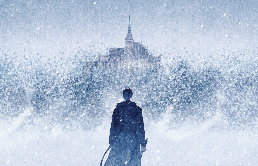 1boy, bellta_(kimbellta), black_coat, black_hair, blizzard, castle, coat, commentary_request