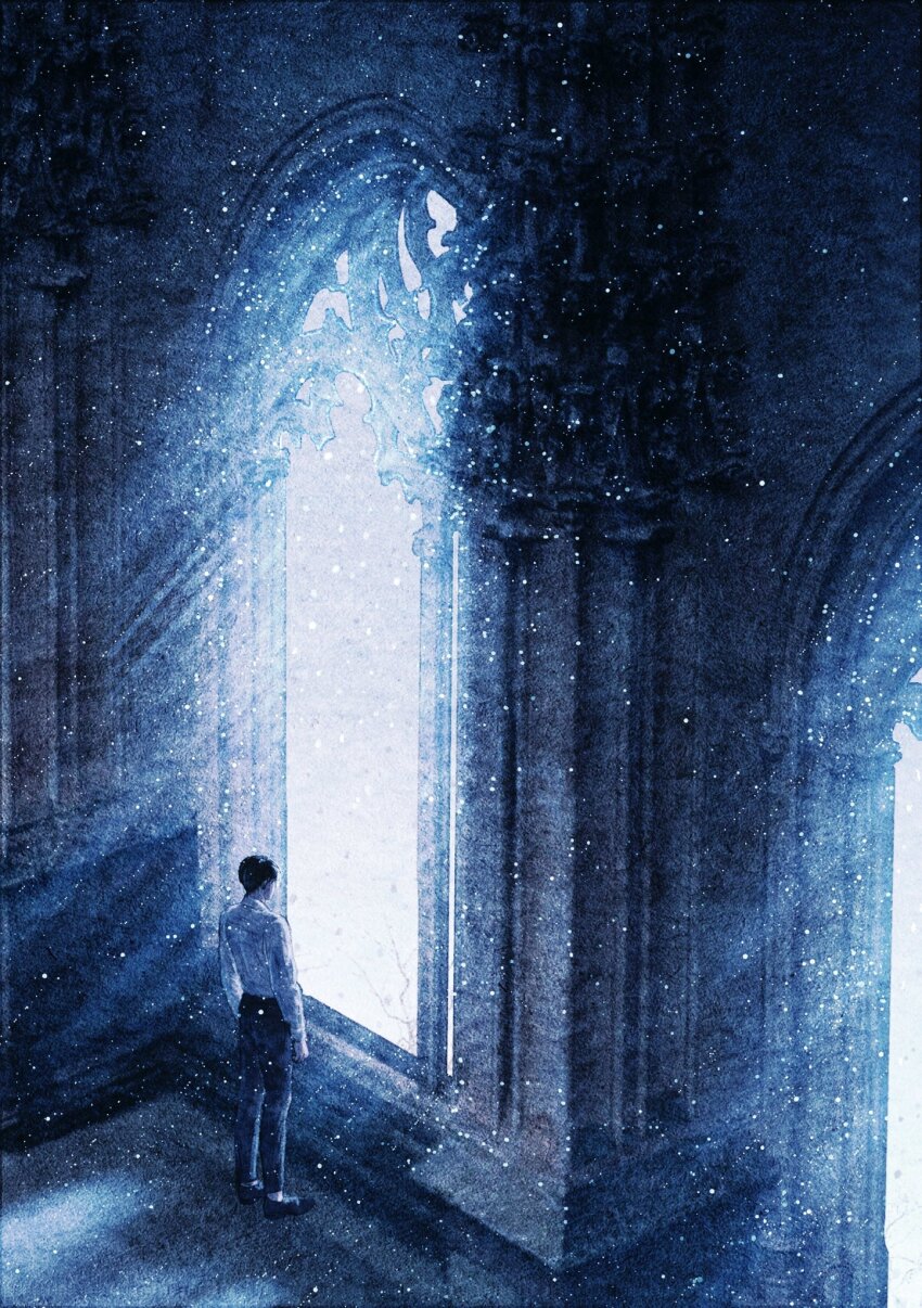 1boy, arched_window, bellta_(kimbellta), blue_theme, column, commentary_request, facing_away, full_body