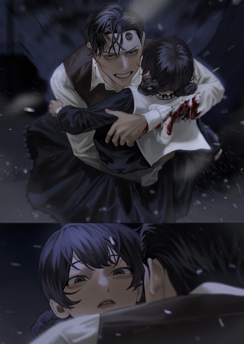 1boy, 1girl, black_dress, black_hair, black_vest, blackbox_(blackbox9158), bleeding, blood