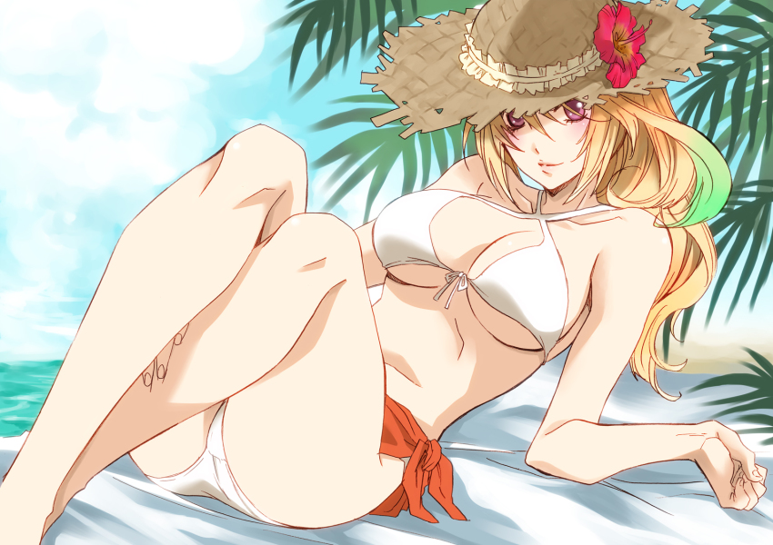 1girl, bikini, blonde_hair, breasts, cleavage, collarbone, criss-cross_halter, female_focus