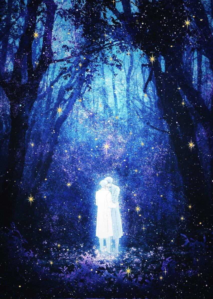 2boys, bellta_(kimbellta), coat, commentary, english_commentary, flower, forest, full_body