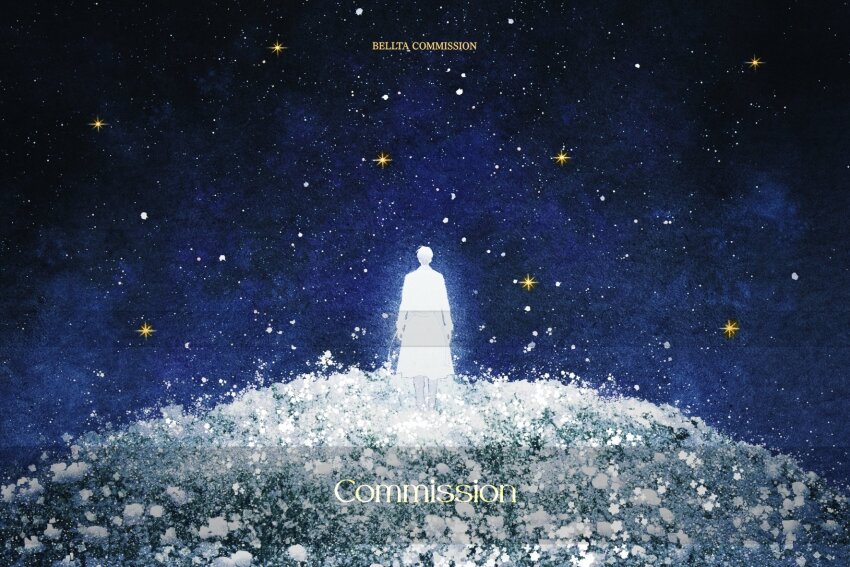 1boy, bellta_(kimbellta), commentary_request, field, flower, flower_field, full_body, highres, hill, kim_dokja, korean_commentary, male_focus, night, omniscient_reader's_viewpoint, short_hair, sky, solo, space, standing, star_(sky), starry_sky