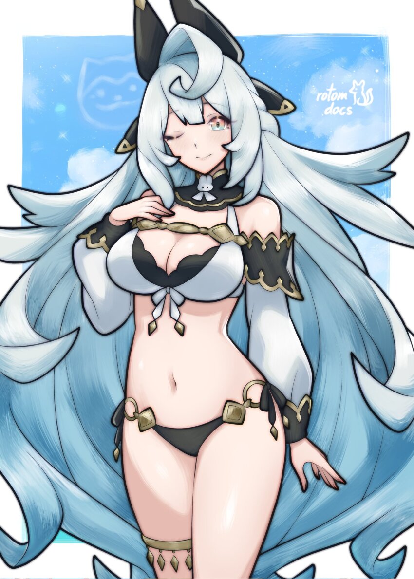 1girl, bare_shoulders, black_bow, bow, breasts, commission, detached_sleeves, dragalia_lost, gabriel_(dragalia_lost), hair_bow, hand_on_own_chest, highres, large_breasts, long_hair, multicolored_eyes, navel, one_eye_closed, rotomdocs, signature, smile, swimsuit, very_long_hair, white_hair