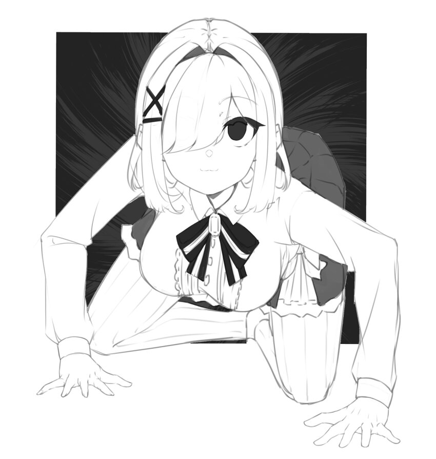 1girl, all_fours, breasts, center_frills, closed_mouth, commentary_request, frilled_shirt, frills