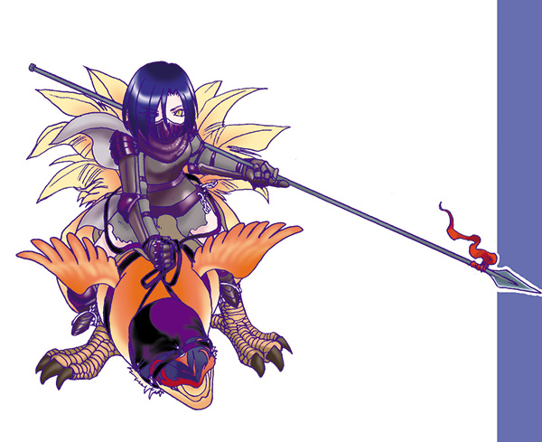 1girl, 2000s_(style), armor, armored_boots, bird, blue_hair, boots, cape, commentary_request, full_body, grey_cape, grey_tunic, holding, holding_polearm, holding_weapon, knight_(ragnarok_online), looking_at_viewer, mask, mouth_mask, niginigi, pauldrons, peco_peco, polearm, ragnarok_online, riding, riding_bird, short_hair, shoulder_armor, solo, spear, tunic, weapon, white_background, yellow_eyes