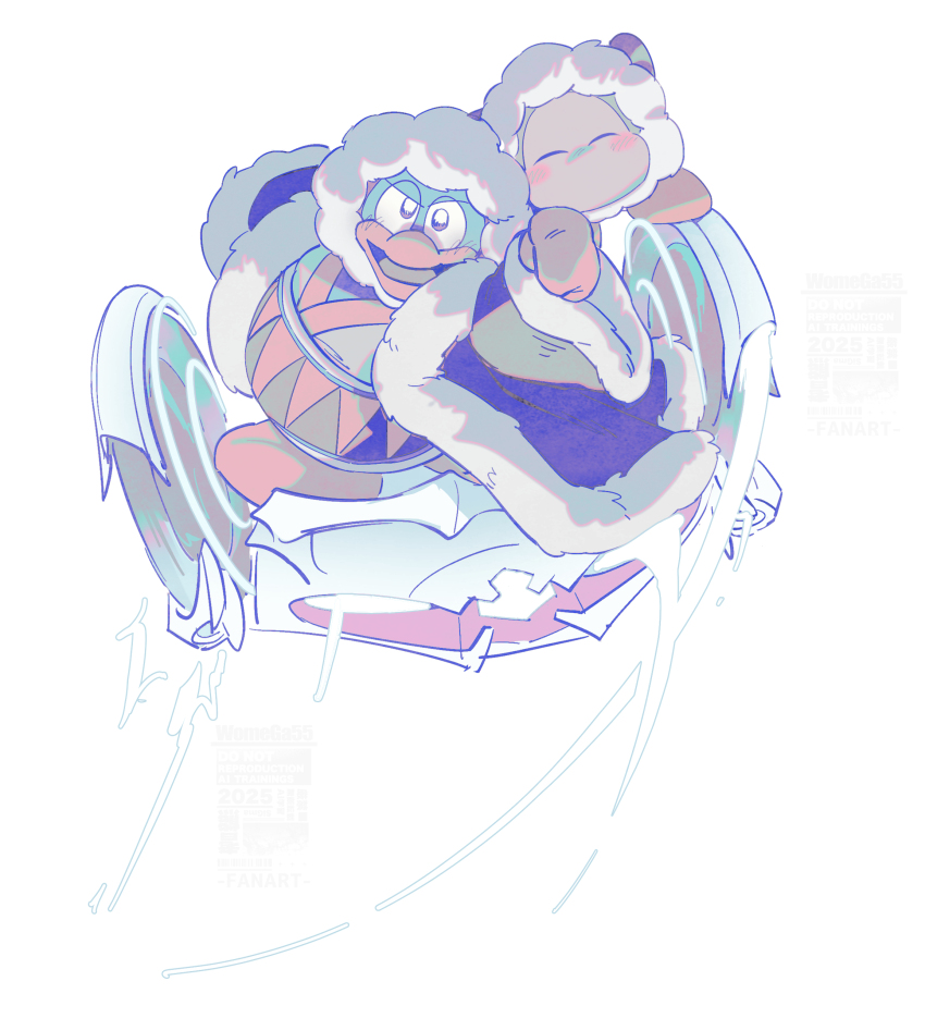 absurdres, blush_stickers, chariot_(kirby), clenched_hand, commentary_request, copy_ability, fur-trimmed_robe, fur_trim, gloves, highres, king_dedede, kirby_(series), kirby_air_ride, kirby_air_riders, looking_at_viewer, nintendo, open_mouth, robe, waddle_dee, watermark, womega_(sigma), yellow_gloves