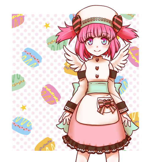 1girl, blue_sash, blush, chocolat_basinio, closed_mouth, clothing_cutout, commentary_request, cowboy_shot, feathered_wings, food, hat, looking_at_viewer, macaron, mob_cap, niginigi, pink_eyes, pink_hair, pink_skirt, ragnarok_online, sash, shirt, short_hair, shoulder_cutout, skirt, smile, solo, two_side_up, white_hat, white_shirt, white_wings, wings