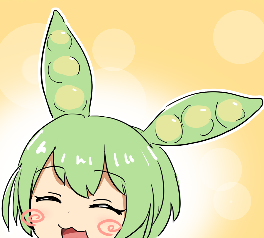 1girl, closed_eyes, commentary_request, green_hair, head_only, open_mouth, pea_pod, smile