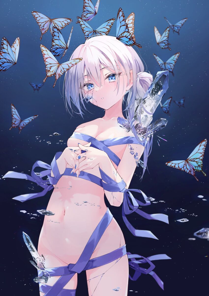1girl, absurdres, blue_eyes, blue_nails, breasts, bug, butterfly, cowboy_shot