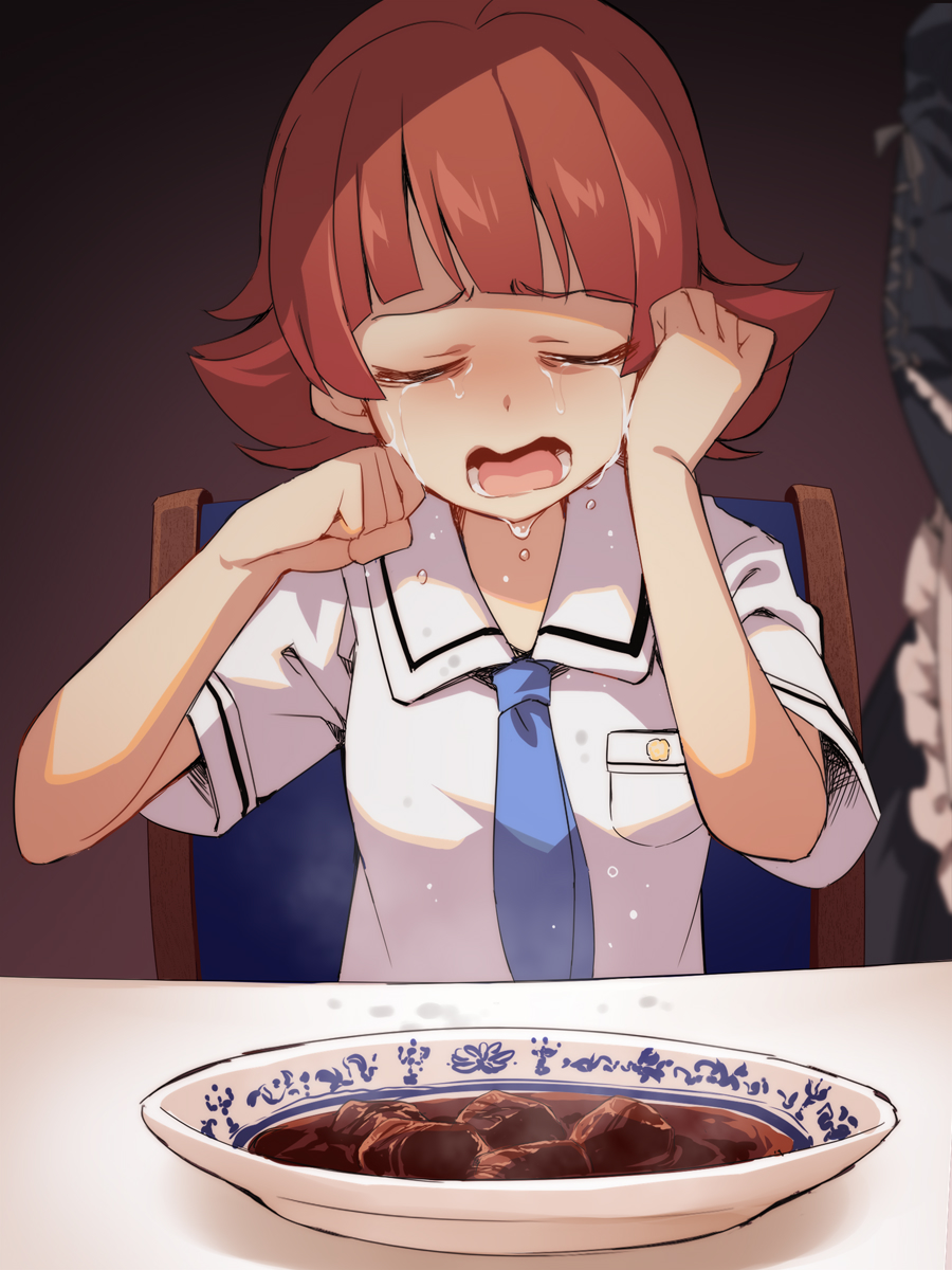 2girls, apron, black_dress, blue_necktie, brown_hair, cannibalism, closed_eyes, collared_shirt, commentary_request, crying, dress, facing_viewer, flipped_hair, food, frilled_apron, frills, highres, human_meat_consumption, idolmaster, idolmaster_million_live!, idolmaster_million_live!_theater_days, multiple_girls, necktie, nonohara_akane, official_alternate_costume, open_mouth, plate, revision, shirt, short_sleeves, solo_focus, stew, tears, uccow, upper_body, white_apron, white_shirt