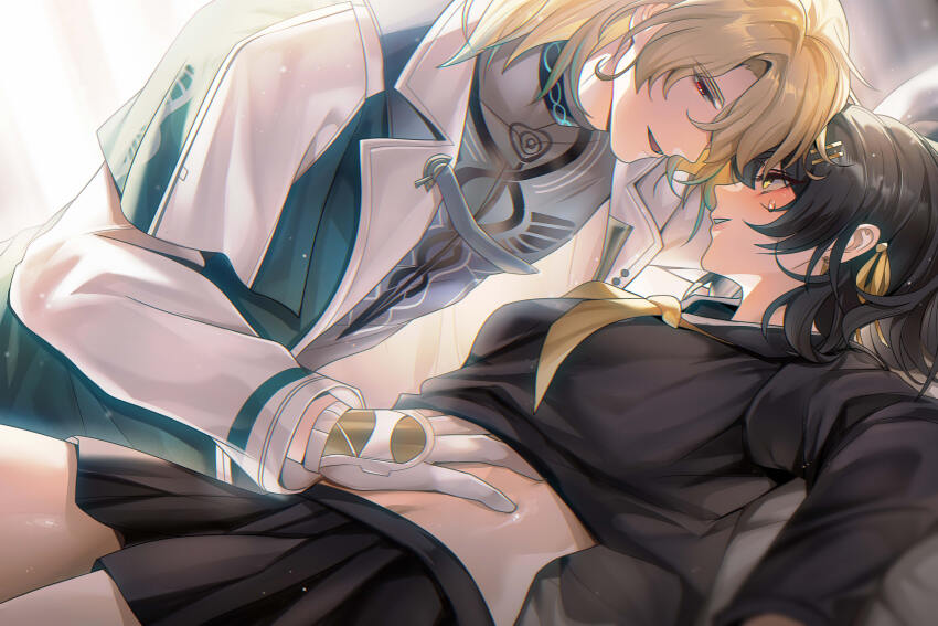 1boy, 1girl, absurdres, alternate_costume, aqua_coat, black_hair, black_serafuku, black_shirt