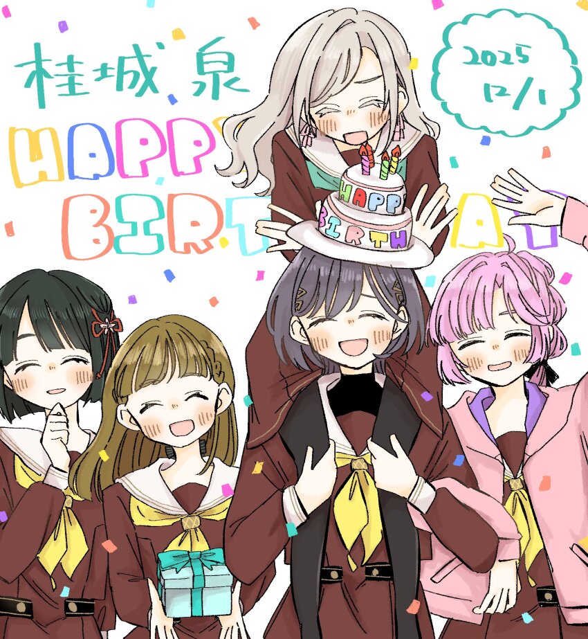 5girls, :d, ^_^, ahoge, anyoji_hime, aqua_neckerchief, birthday_cake_hat, black_hair