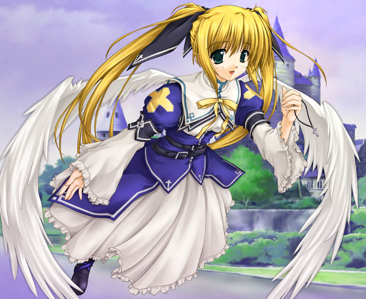 1girl, angel, angel_wings, belt, blonde_hair, blush, castle, cross