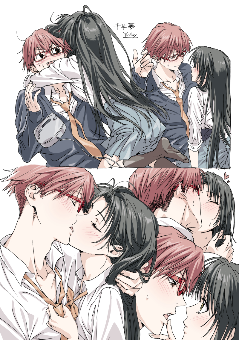 <o>_<o>, 1boy, 1girl, biting_own_lip, black_hair, black_socks, black_sweater, blue_skirt, blush, boukyaku_battery, cd_player, cd_walkman, chihaya_shunpei, closed_eyes, clothes_grab, commentary_request, couple, curtained_hair, embarrassed, finger_to_another's_mouth, hair_between_eyes, hair_intakes, hand_on_another's_neck, heart, hetero, kiss, kneehighs, long_hair, long_sleeves, loose_necktie, middle_part, multiple_views, necktie, necktie_grab, neckwear_grab, nishita, no_shoes, oc_x_canon, open_collar, open_mouth, original, parted_bangs, pleated_skirt, red-framed_eyewear, red_eyes, red_hair, school_uniform, shirt, short_hair, sidelocks, skirt, sleeves_past_wrists, socks, straight_hair, sweatdrop, sweater, tsurime, undercut, very_long_hair, white_background, white_shirt, wing_collar, yellow_eyes, yellow_necktie